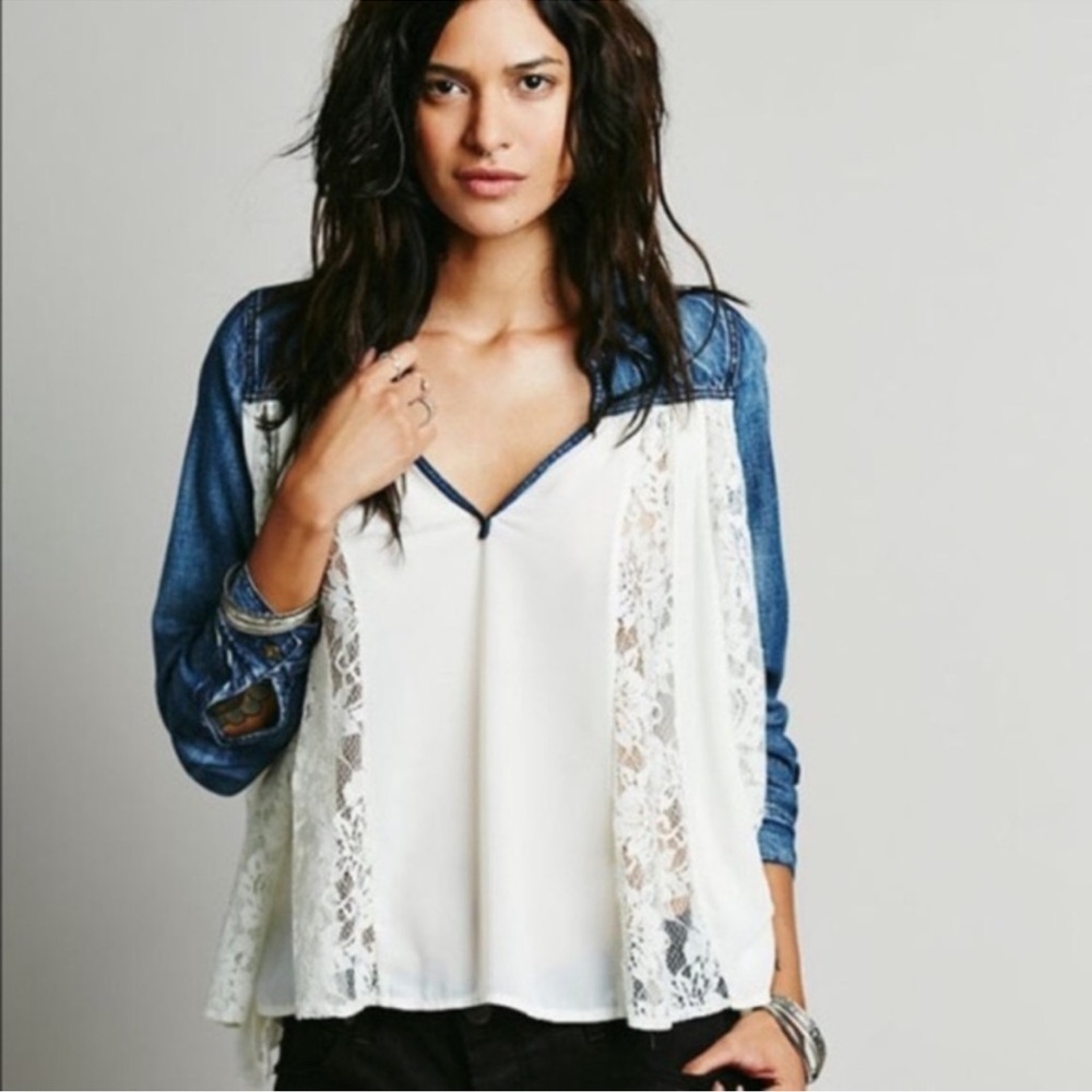 Free People White Lace-Front Camisole with Blue Denim Sleeves